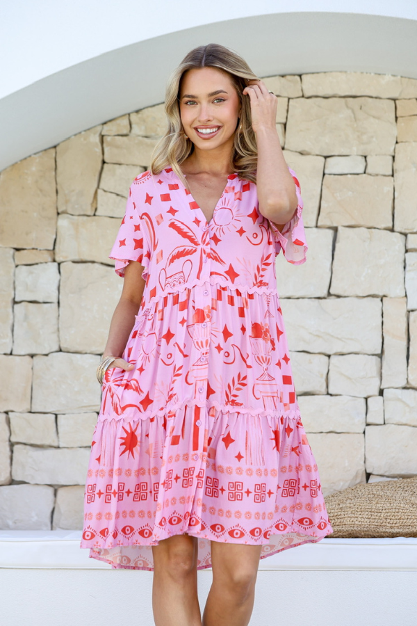 Behind The Trees - Miss Marlow - Noosa Palm Ric Rac Dress - Pink/Red - summer dress - bright and colourful spring/summer dress - cotton above knee dress under $80