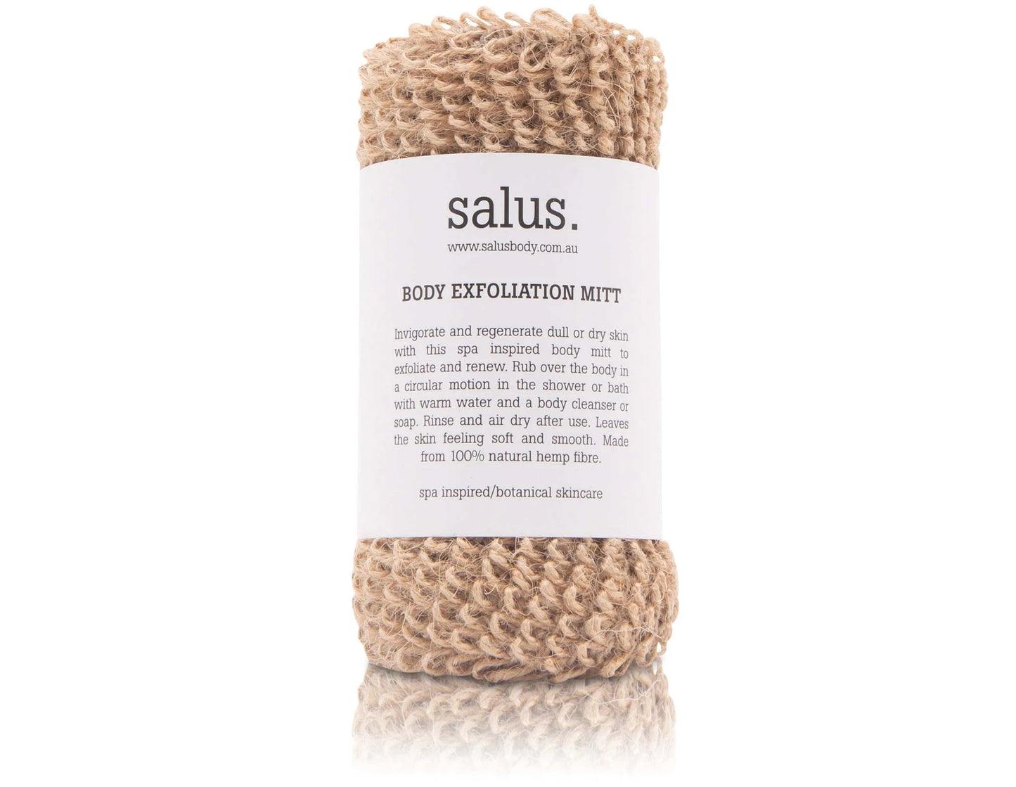 Behind The Trees - Body exfoliation mitt with 'salus' branding on a white background - Salus Body - Body Exfoliation Mitt