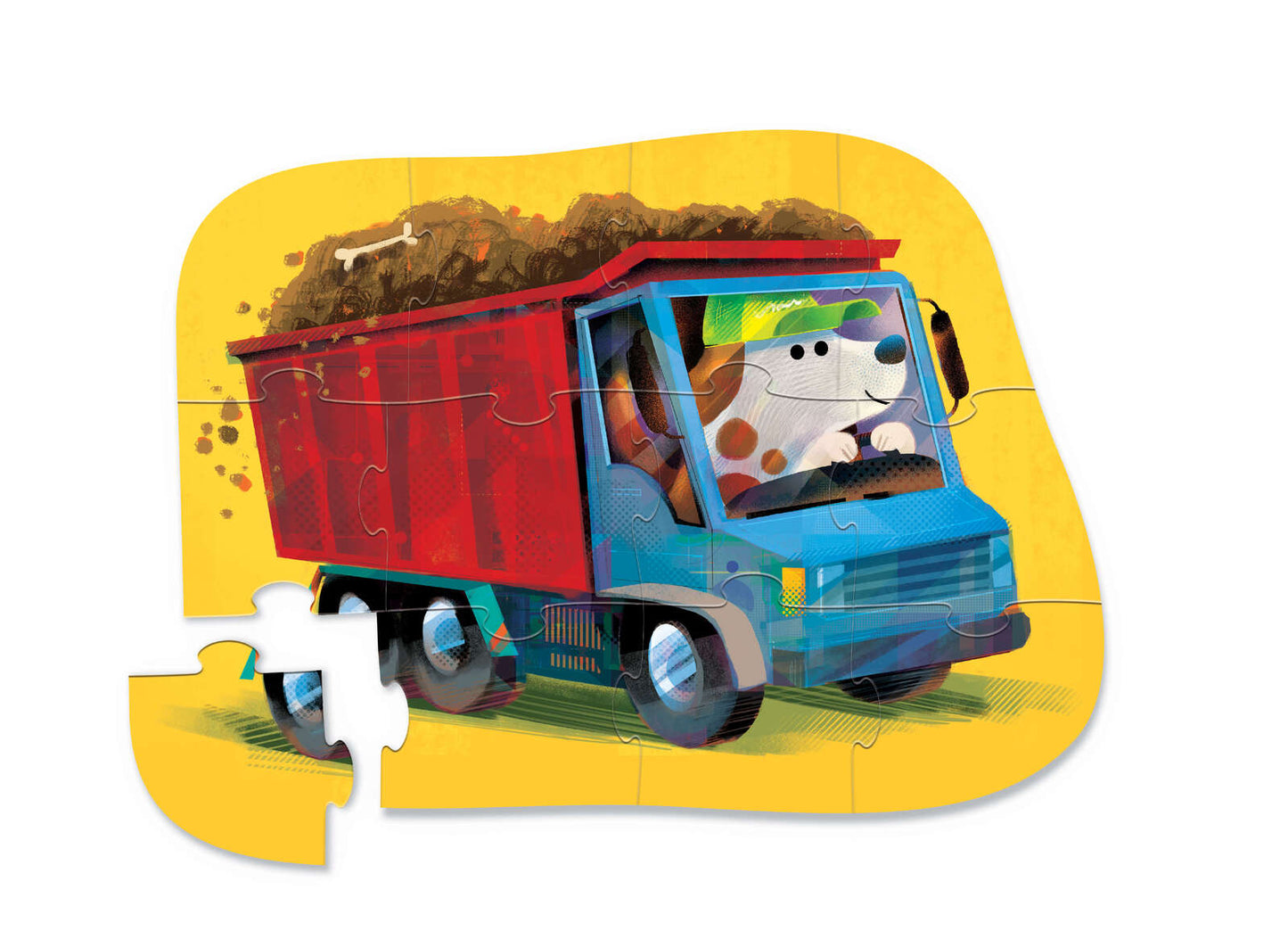 Behind The Trees - Children's puzzle packaging with a colorful truck illustration on a yellow background - Crocodile Creek - Mini Puzzle 12 pc - Go Big Dog