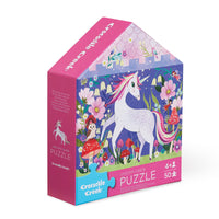 Behind The Trees - Unicorn-themed puzzle box with colorful design on a white background - Crocodile Creek - Flat House Puzzle 50 pc - Unicorn