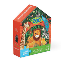 Behind The Trees - Jigsaw puzzle box with zoo animals illustration on a white background - Crocodile Creek - Flat House Puzzle 50 pc - Zoo