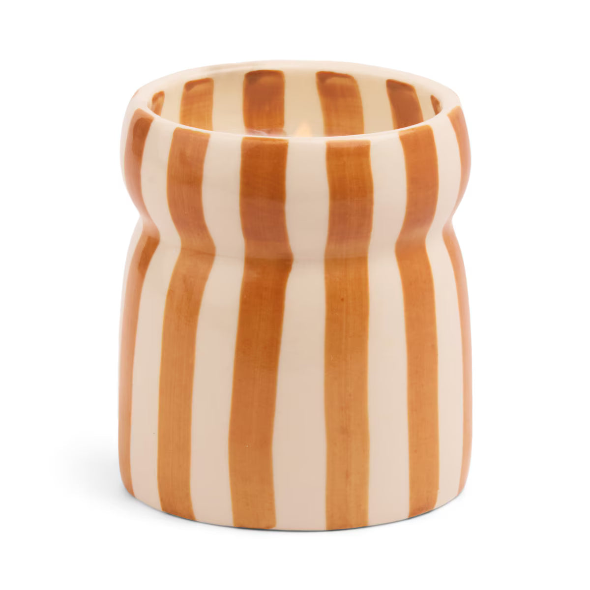 Behind The Trees - Cylindrical ceramic vase with brown and white striped pattern on a white background - Designworks Collective - Striped Ceramic Candle - Rust - Sienna Sunset