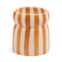 Behind The Trees - Cylindrical ceramic vase with brown and white striped pattern on a white background - Designworks Collective - Striped Ceramic Candle - Rust - Sienna Sunset