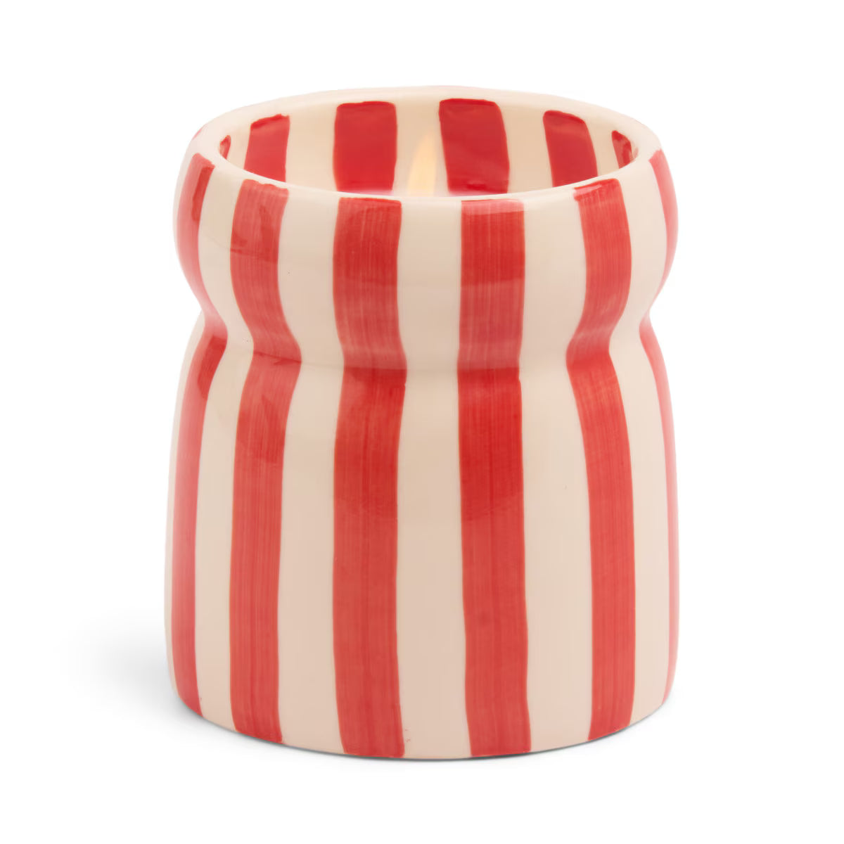 Behind The Trees - Cylindrical candle holder with red and white vertical stripes on a white background - Designworks Collective - Striped Ceramic Candle - Red - Hibiscus Bay Boxed