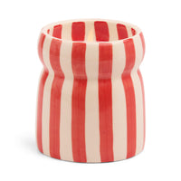 Behind The Trees - Cylindrical candle holder with red and white vertical stripes on a white background - Designworks Collective - Striped Ceramic Candle - Red - Hibiscus Bay Boxed