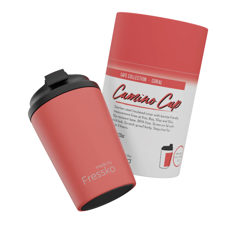 Behind The Trees - Red Camino Cup with black lid and packaging on a white background - Made By Fresko - Reusable Coffee Cup - Camino 340ml/12oz - Coral
