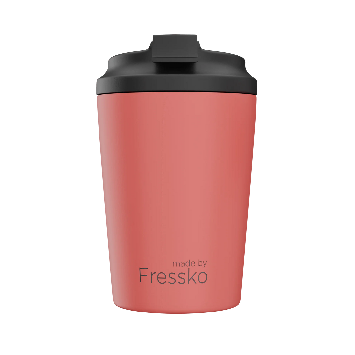 Behind The Trees - Red Camino Cup with black lid and packaging on a white background - Made By Fresko - Reusable Coffee Cup - Camino 340ml/12oz - Coral
