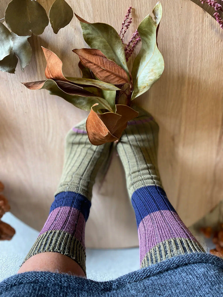 Tightology- Chunky Rib- Khaki Stripe- Merino Wool Socks