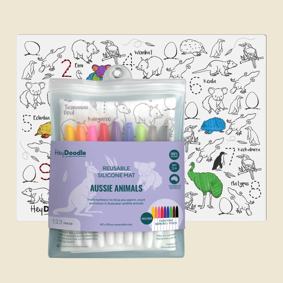 Behind The Trees - Packaging of HeyDoodle Aussie Animals coloring set with reusable silicone mat and markers on a white background. - Hey Doodle - Classic Colouring & Doodle Mat - Aussie Animals