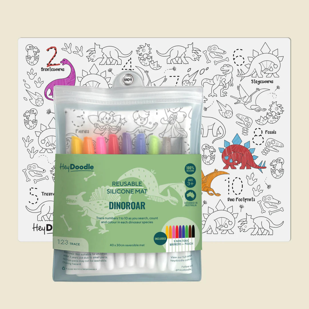 Behind The Trees - Hey Doodle dinosaur-themed coloring set with reusable silicone mat and markers on a white background. - Hey Doodle - Classic Colouring & Doodle Mat - DinoRoar