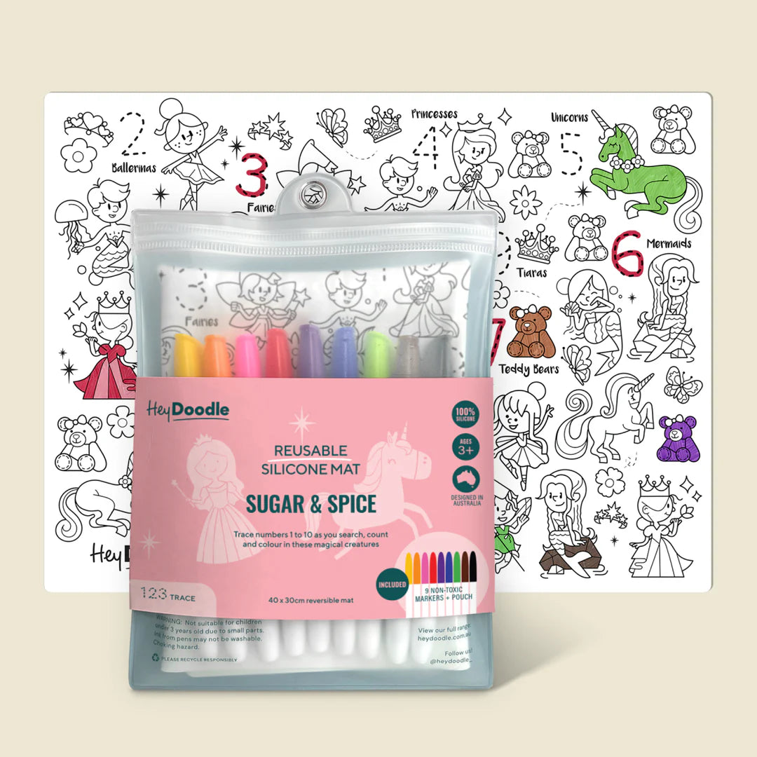 Behind The Trees - Packaging of HeyDoodle reusable silicone mat with coloring book illustrations on a white background - Hey Doodle - Classic Colouring & Doodle Mat - Sugar & Spice
