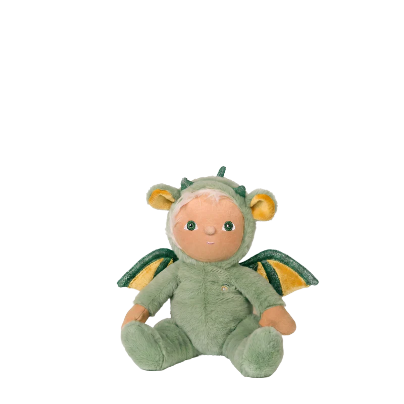 Behind The Trees - Plush toy dragon with a baby-like face on a white background - Olli Ella - Dinky Dinkum - Dax Dragon