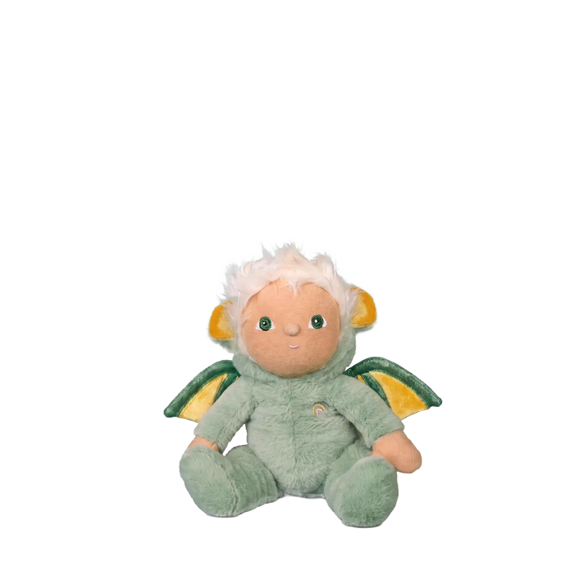 Behind The Trees - Plush toy dragon with a baby-like face on a white background - Olli Ella - Dinky Dinkum - Dax Dragon