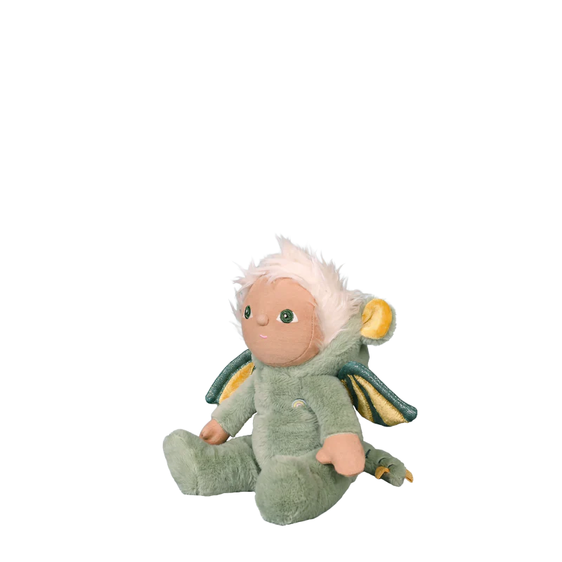 Behind The Trees - Plush toy dragon with a baby-like face on a white background - Olli Ella - Dinky Dinkum - Dax Dragon