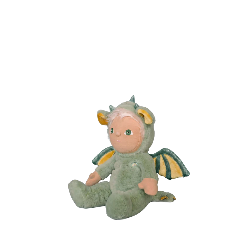 Behind The Trees - Plush toy dragon with a baby-like face on a white background - Olli Ella - Dinky Dinkum - Dax Dragon