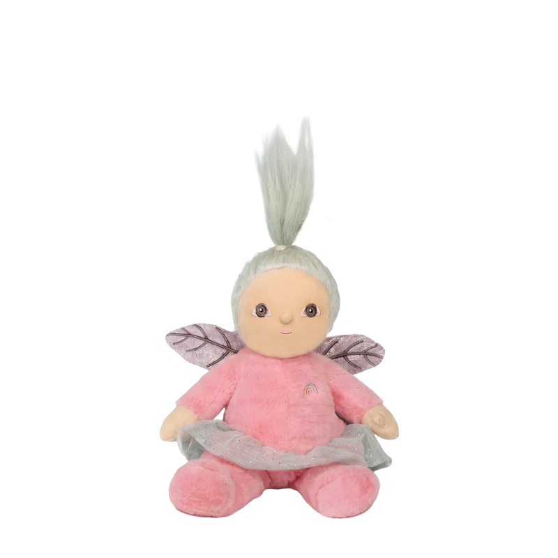 Behind The Trees - Plush fairy toy with pink outfit and green hair on a pastel background - Olli Ella - Dinky Dinkum - Fifi Fairy