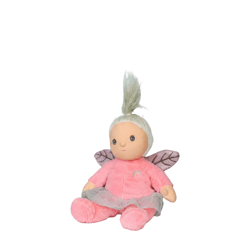 Behind The Trees - Plush fairy toy with pink outfit and green hair on a pastel background - Olli Ella - Dinky Dinkum - Fifi Fairy
