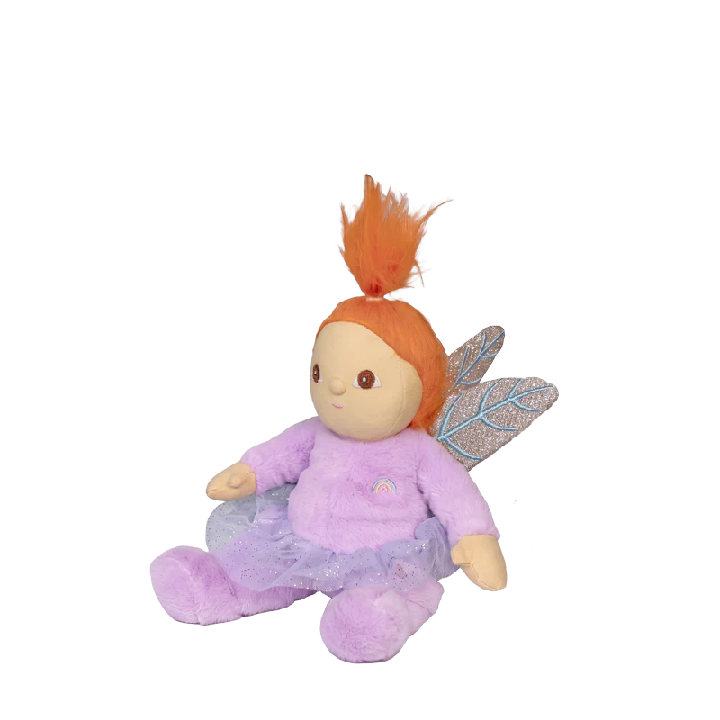 Behind The Trees - Plush fairy toy with red hair and wings on a pastel background - Olli Ella - Dinky Dinkum - Flora Fairy