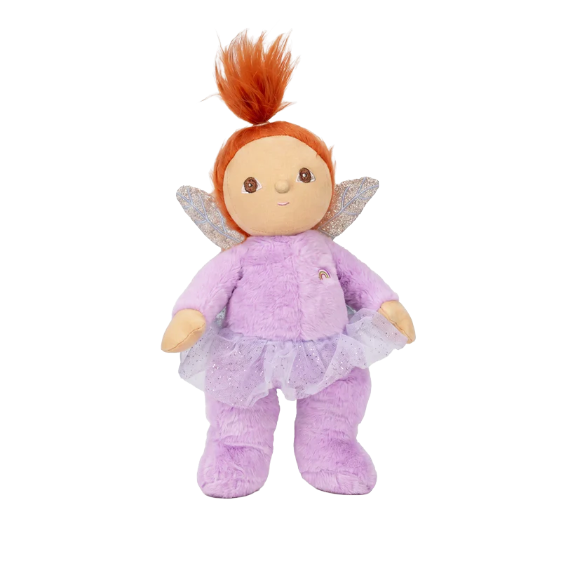Behind The Trees - Plush fairy toy with red hair and wings on a pastel background - Olli Ella - Dinky Dinkum - Flora Fairy