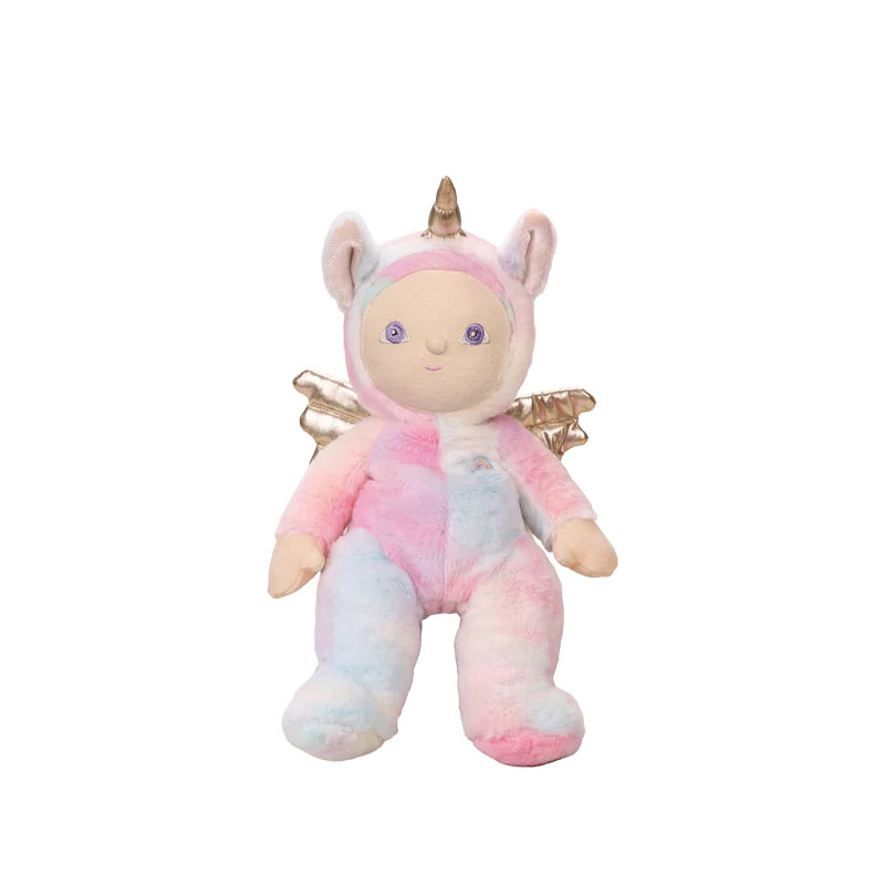 Behind The Trees - Stuffed toy in a unicorn costume on a soft, cloud-like surface with a pastel starry background. - Olli Ella - Dinky Dinkum - Yara Unicorn