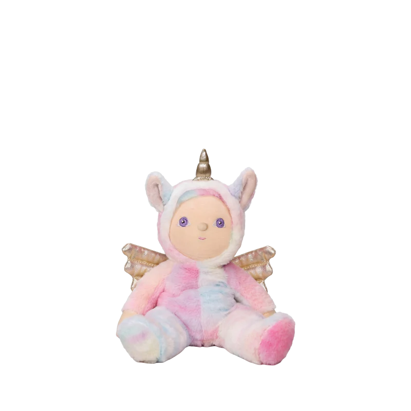Behind The Trees - Stuffed toy in a unicorn costume on a soft, cloud-like surface with a pastel starry background. - Olli Ella - Dinky Dinkum - Yara Unicorn