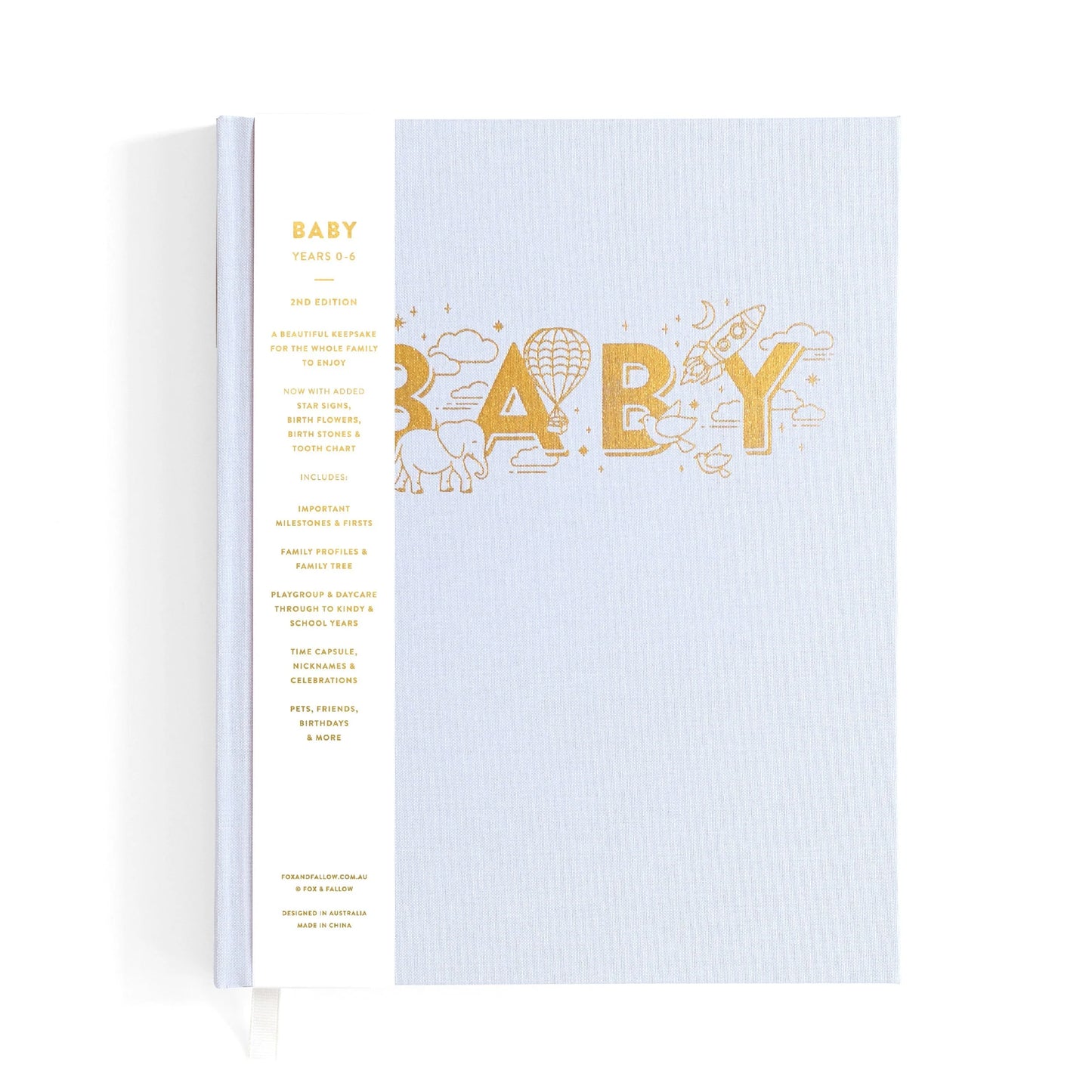 Behind The Trees - Light blue notebook with 'BABY' in gold letters on a white background - Fox & Fallow - Baby Book - Powder