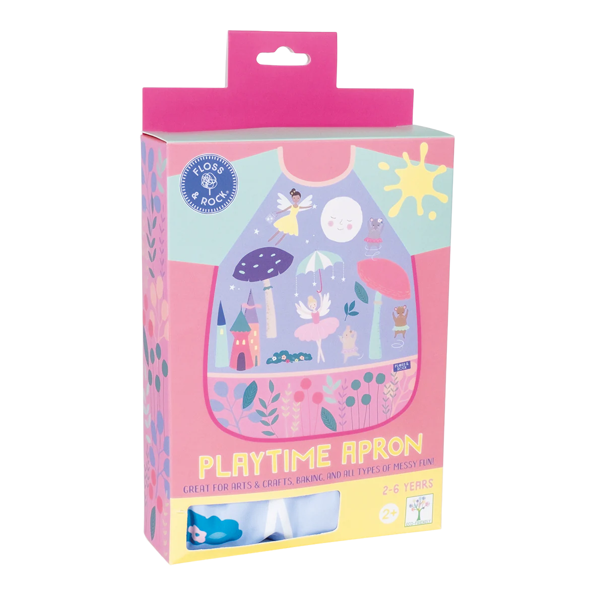 Behind The Trees - Packaged playtime apron with colorful design on a white background - Floss &amp; Rock - Playtime Apron - Enchanted