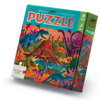 Behind The Trees - Dinosaur-themed puzzle box with colorful illustrations on a white background - Crocodile Creek - Foil Puzzle 60 pc - Dazzling Dinos