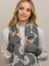 Behind The Trees - Woman wearing a gray floral patterned scarf and gloves on a beige background - Tiger Tree - Fingerless Ribbed Mittens - Grey