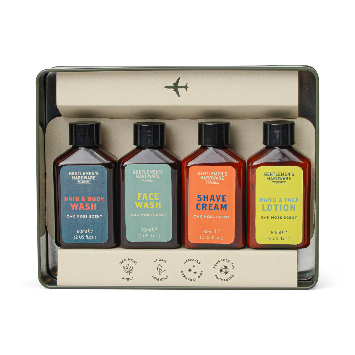 Behind The Trees - Set of four grooming products in a travel-sized packaging with labels for hair & body wash, face wash, shave cream, and hand & face lotion. - Father's Day 2025