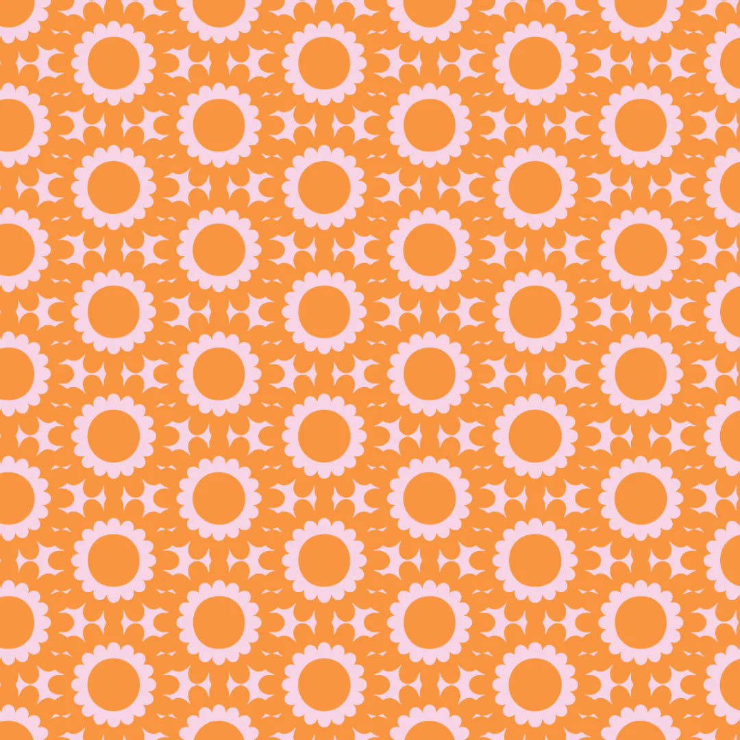 Behind The Trees - Orange tote bag with floral pattern and blue handles on a white background - Project Ten - Medium Tote - Geo Floral