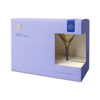 Behind The Trees - Purple packaging box with a clear window displaying a martini glass, featuring the brand 'herchules'. - Here's How - The Olive Martini Glass - Set of 2 Olive + Cobalt 