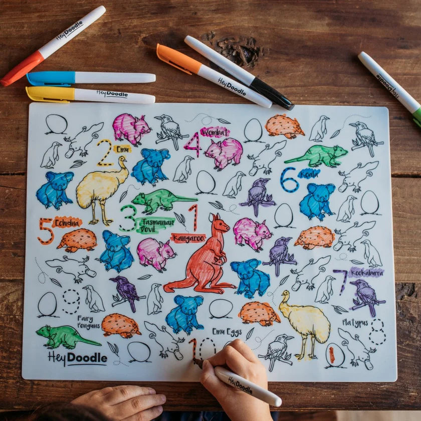 Behind The Trees - Packaging of HeyDoodle Aussie Animals coloring set with reusable silicone mat and markers on a white background. - Hey Doodle - Classic Colouring & Doodle Mat - Aussie Animals