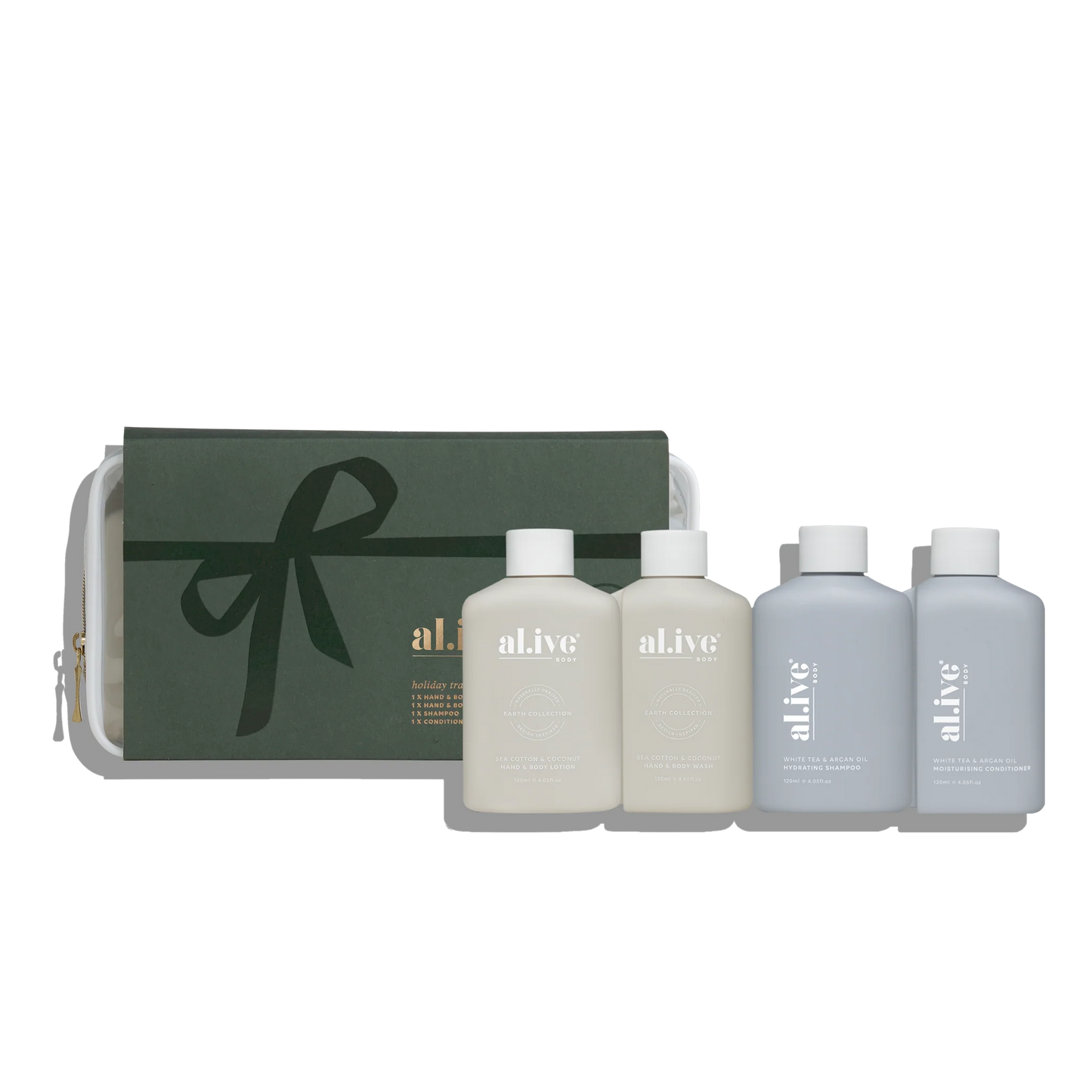Behind The Trees - Set of 'alive' skincare products with a green gift box on a white background - al.ive - Hair & Body Travel Pack - Holiday
