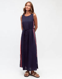 Behind The Trees - Woman wearing a navy dress with pink trim on a white background - Label Of Love - Amali Midi Dress - Navy