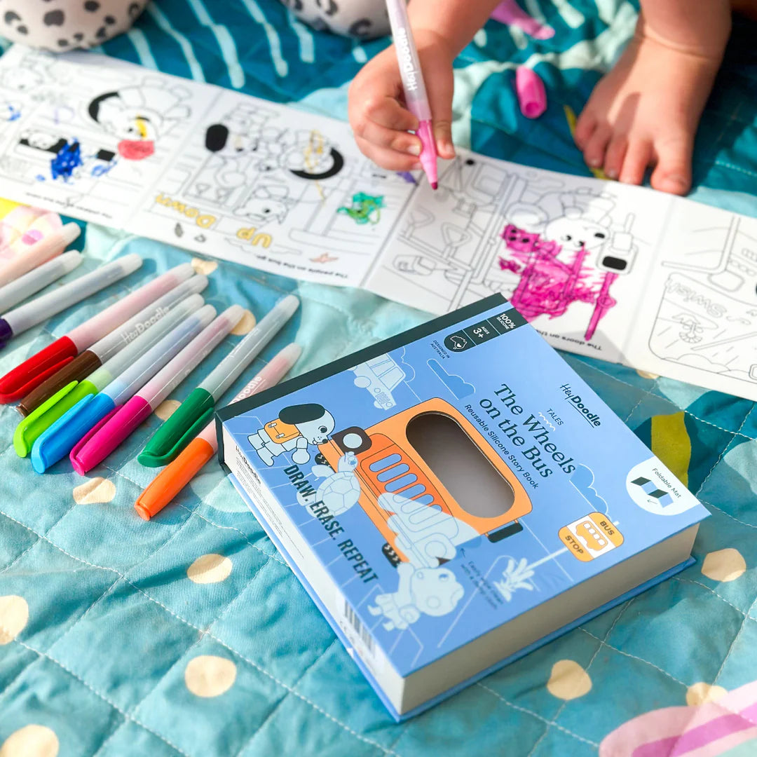Behind The Trees - Coloring book and markers set with 'The Wheels on the Bus' theme on a beige background - Hey Doodle - Reusable Colouring Book - Wheels On The Bus Tales