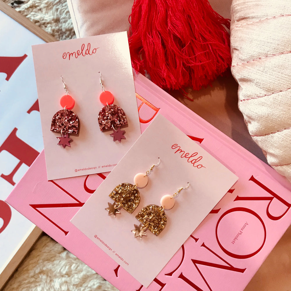 Behind The Trees - Emeldo - Earrings - Alexa - Neon Red, Rose Pink Glitter + Pink Mirror - Women's Gifting - Statements earrings under $40