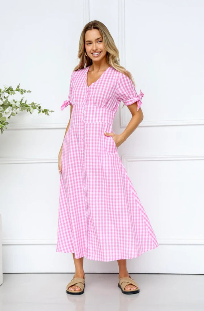 St Germain - Midi Dress - Pink Check with Bow Tie