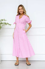 St Germain - Midi Dress - Pink Check with Bow Tie