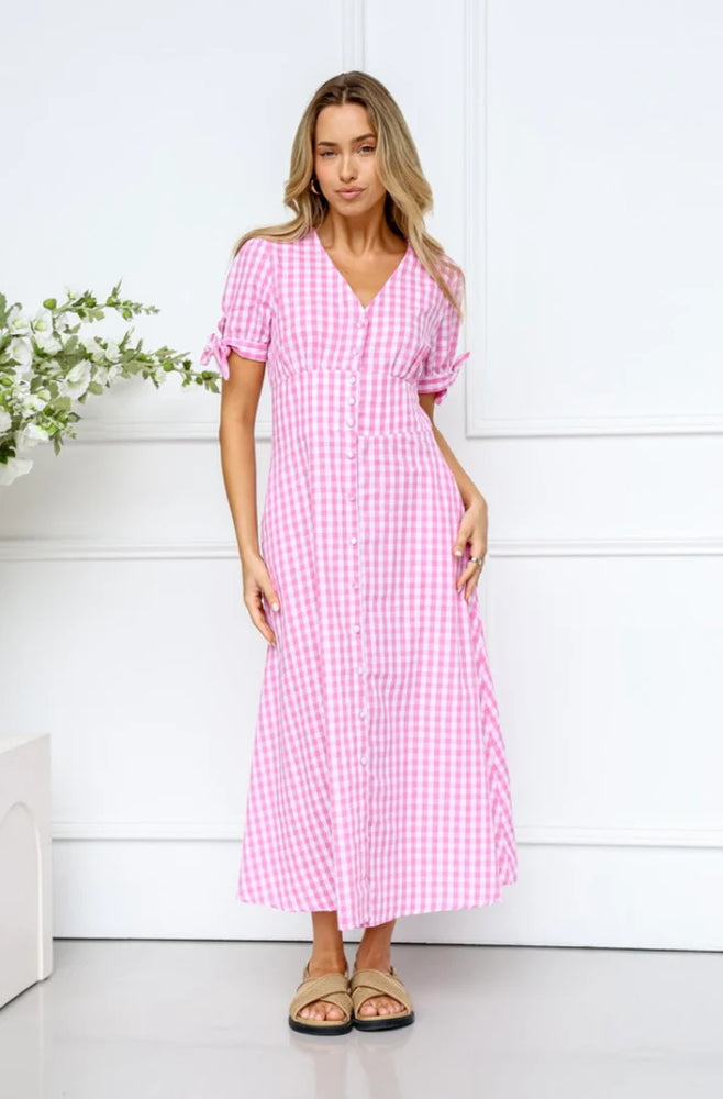 Behind The Trees - St Germain - Midi Dress - Pink Check with Bow Tie - summer dress with pockers - cotton summer dress - midi length dress - cotton summer dress - v-neckline summer dress