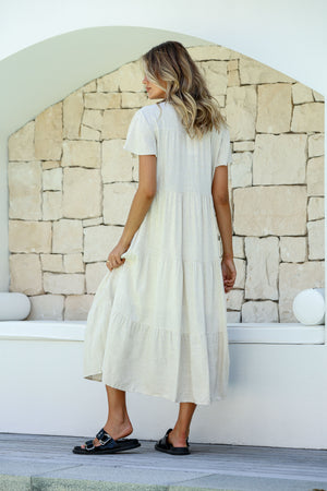 Behind The Trees - Miss Marlow - Linen Button Tier Midi Dress - Natural - linen dress under $100 - summer dress - christmas day dress