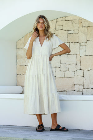 Behind The Trees - Miss Marlow - Linen Button Tier Midi Dress - Natural - linen dress under $100 - summer dress - christmas day dress