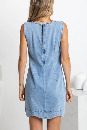 Behind The Trees - Country Denim - Scallop Denim Dress - Mid Blue - denim mini dress - scollaped edge denim dress - lightweight summer denim dress