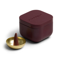 Behind The Trees - Maroon incense box with gold bowl and brown cone on a white background - Designworks Collective - Cubed Metal Tin Incense - Maroon