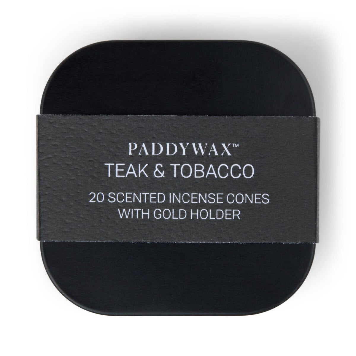 Behind The Trees - Black container with a gold bowl and black cone on a white background - Designworks Collective - Teak & Tobacco Incense - Black