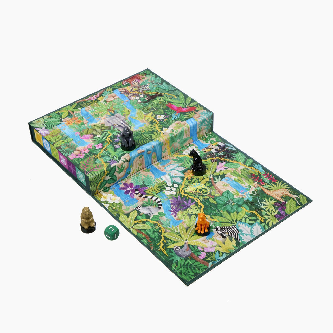 Behind The Trees - Board game box titled 'Vines & Waterfalls' by Wonderscope on a white background - Wonderscope - A Snakes & Ladders Game - Vines & Waterfalls - Bex Parkin