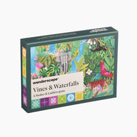 Behind The Trees - Board game box titled 'Vines & Waterfalls' by Wonderscope on a white background - Wonderscope - A Snakes & Ladders Game - Vines & Waterfalls - Bex Parkin