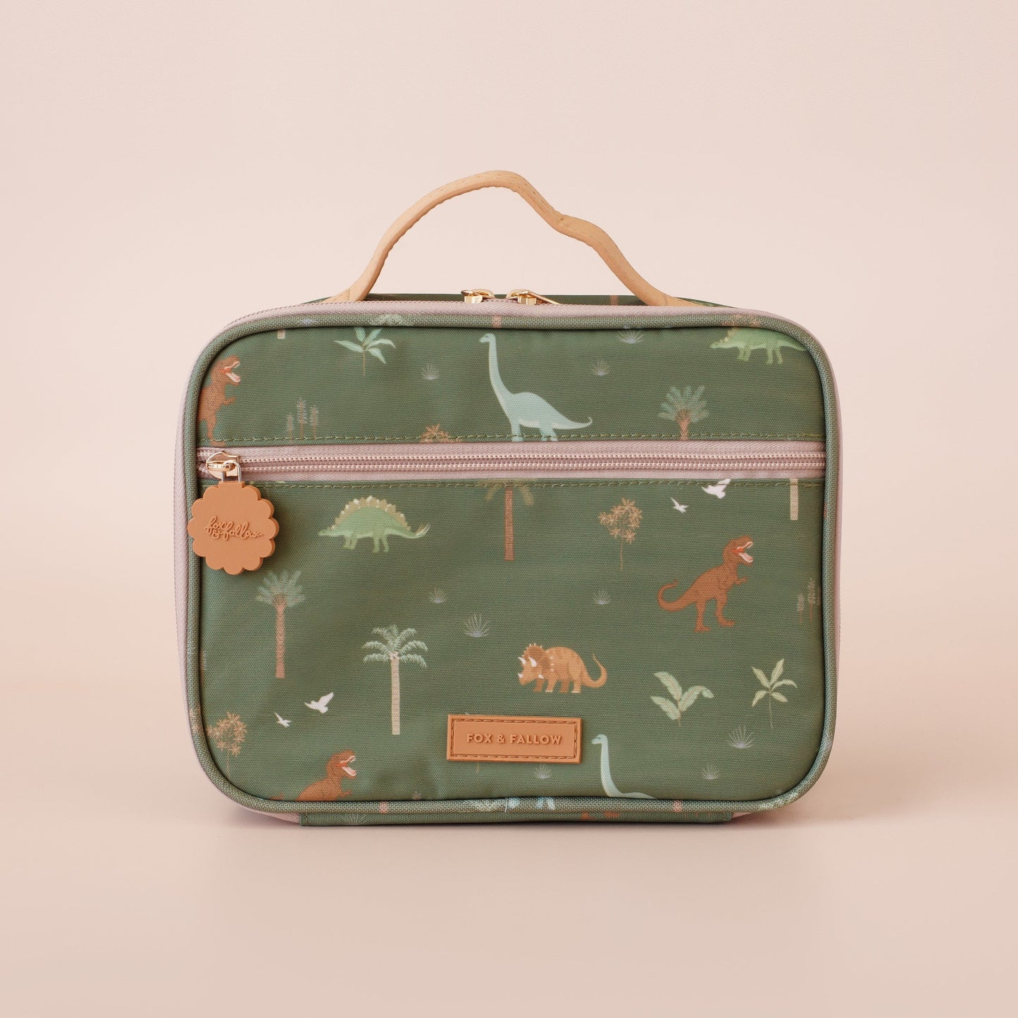 Behind The Trees - Green lunch bag with dinosaur pattern on a beige background- Fox & Fallow - Mini Lunch Bag - Dinos