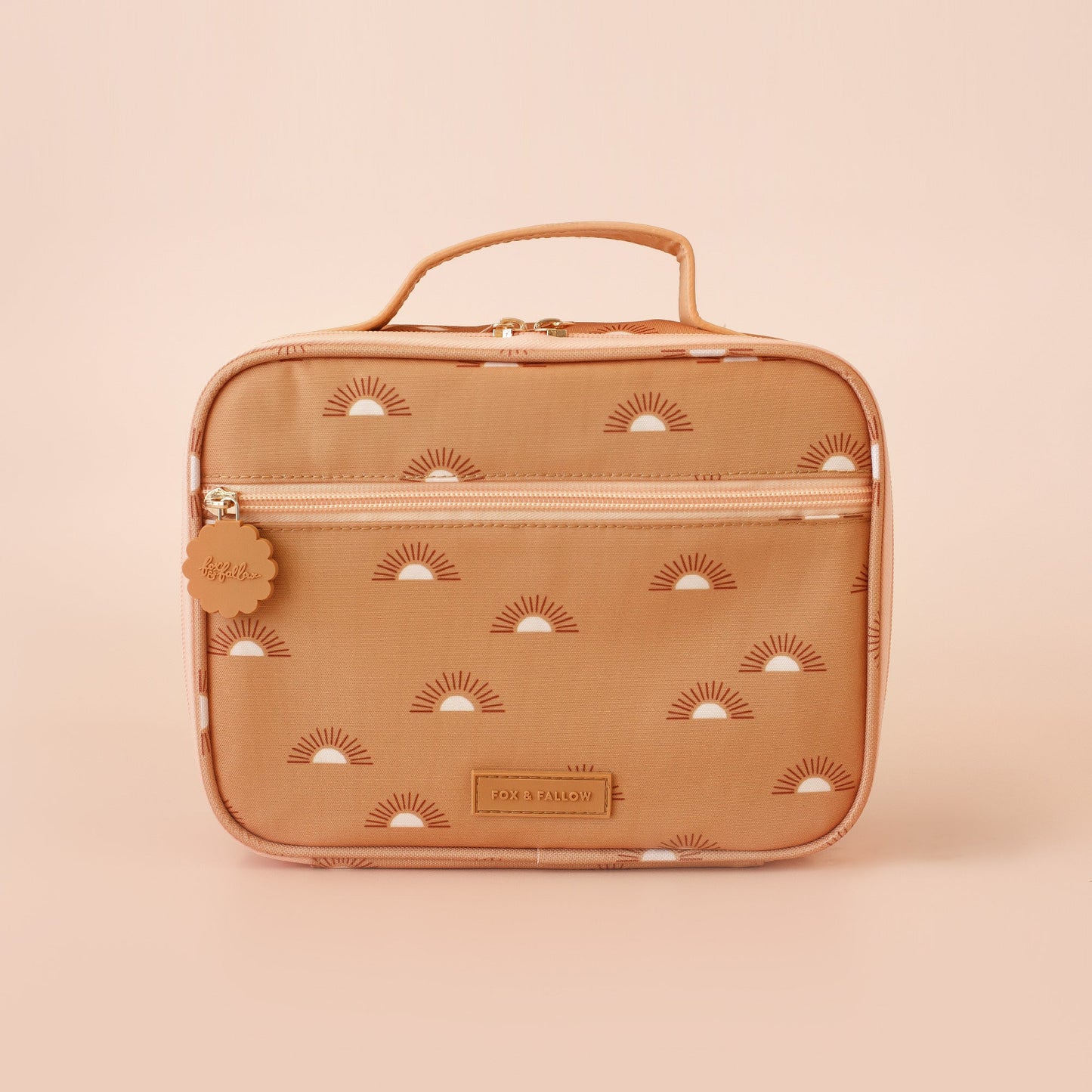 Behind The Trees - Tan patterned lunch bag with handle on a beige background - Fox & Fallow - Mini Lunch Bag - Golden Suns