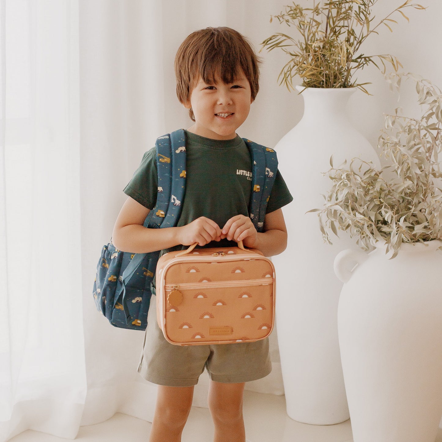 Behind The Trees - Tan patterned lunch bag with handle on a beige background - Fox & Fallow - Mini Lunch Bag - Golden Suns